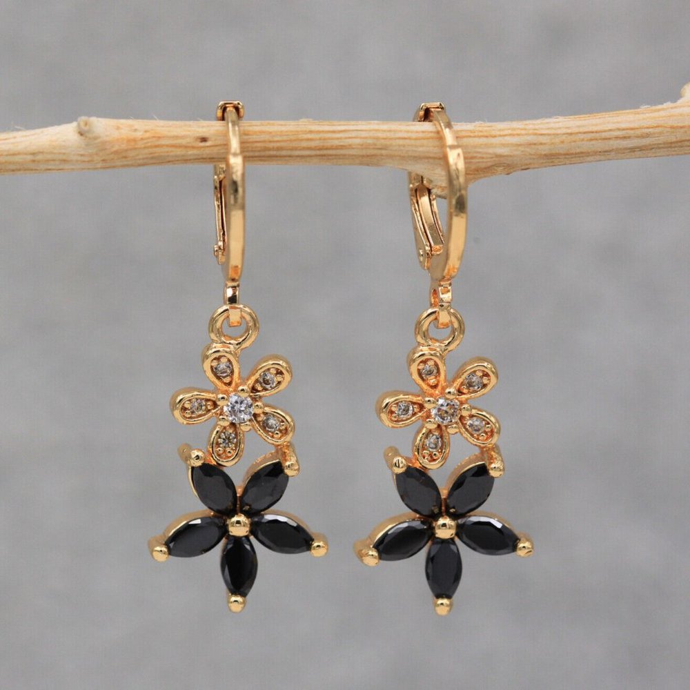 18K Yellow Gold Filled Black Onyx Diamond Zircon Layered Flower Dangle Earrings